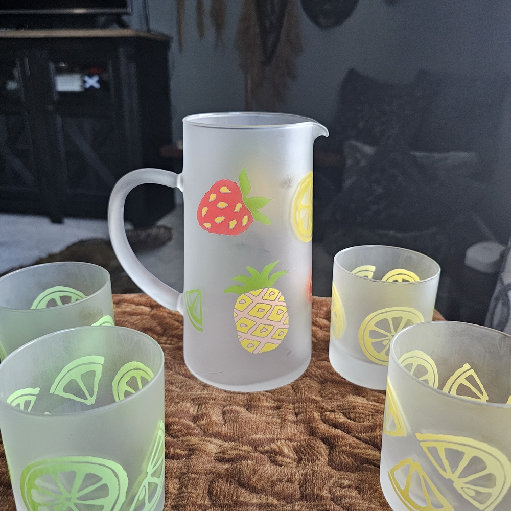 Frosted Glass Pitcher and Tumbler Set with Fruit Design